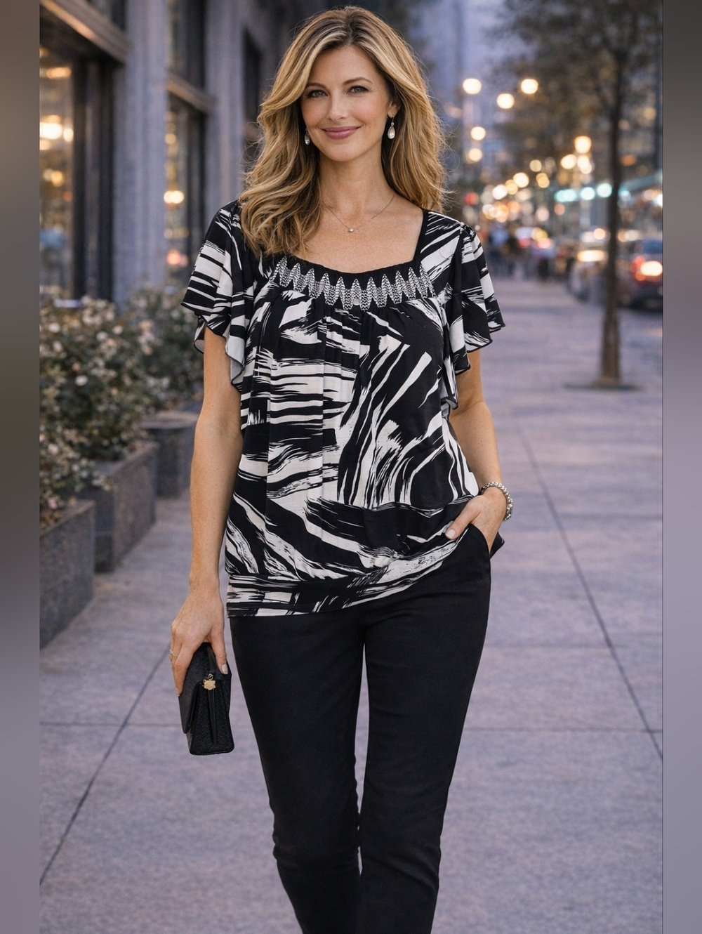 Abstract Black White Blouse Flutter Sleeve Smocked Chic Top